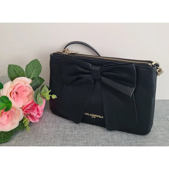 Karl Lagerfeld Black Leather‎ Crossbody Purse With Bow - Picture 1 of 11